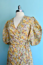 Yellow Floral Balloon Sleeve Wrap Dress