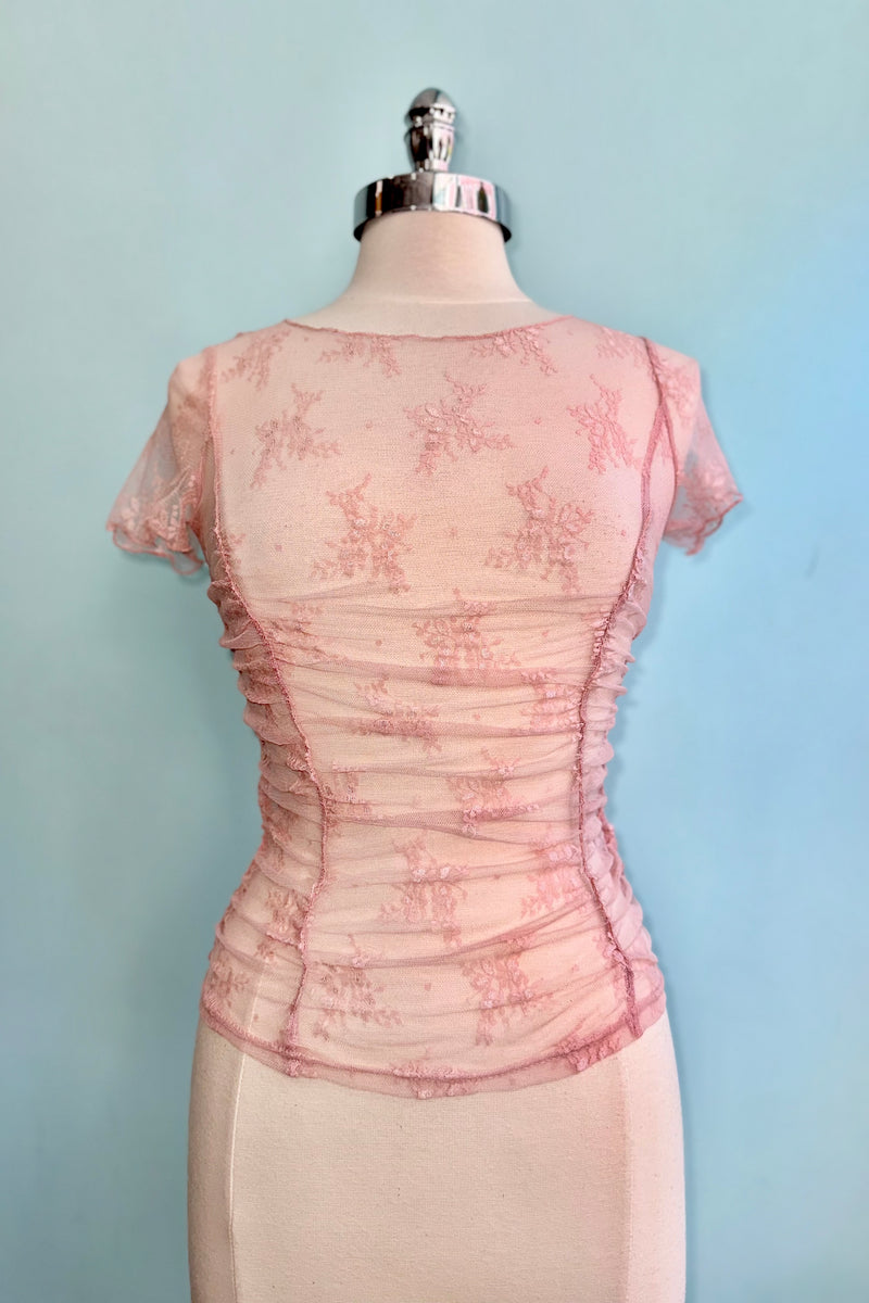 Blush Ruched Short Sleeve Mesh Top