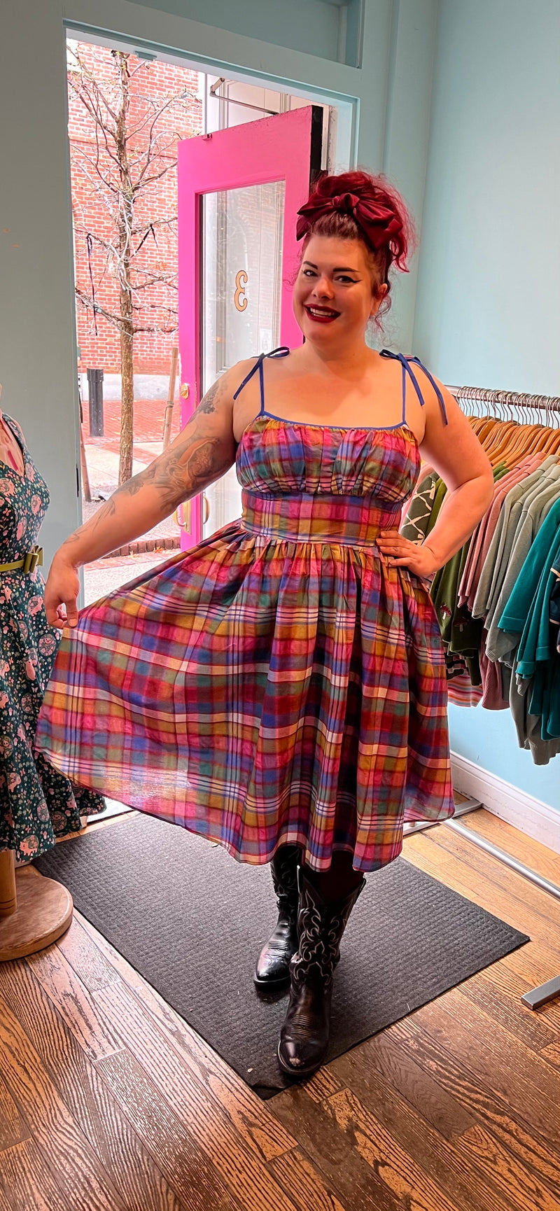 Multicolor Plaid Shirred Bust Swing Dress
