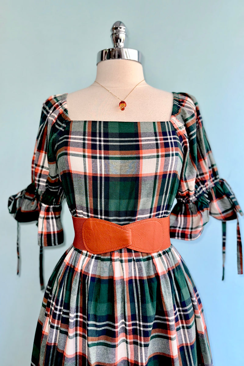 Green Plaid Square Neck Midi Dress Medium Green Plaid Square Neck Midi Dress Medium