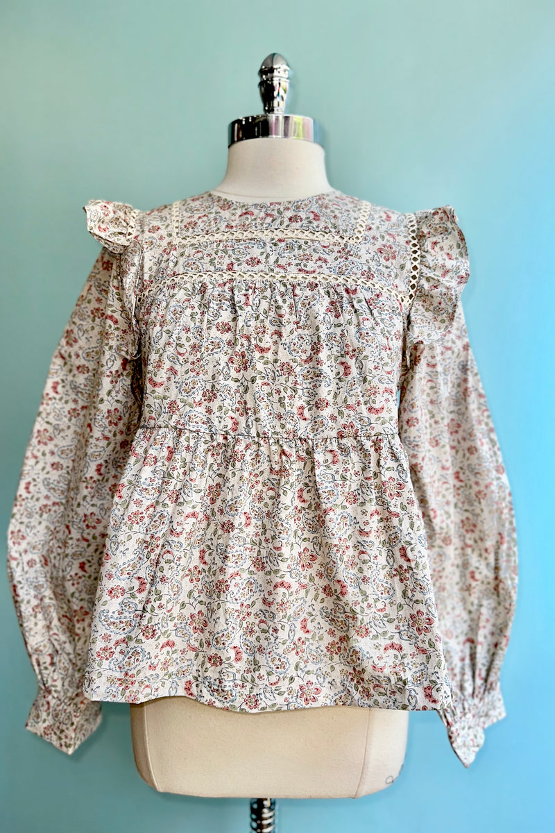 Cream Floral Ruffled Lace Trim Top