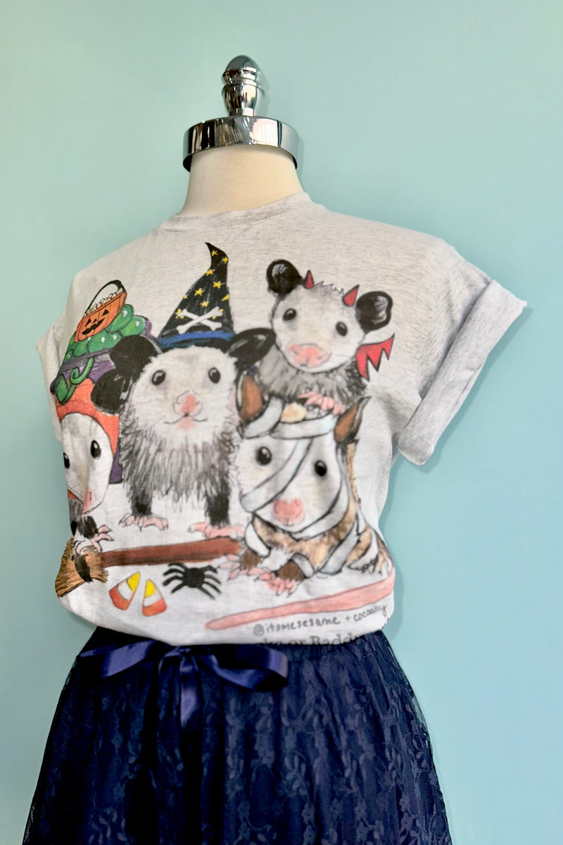 Halloween Possums T-shirt in Grey by Sesame the Opossum