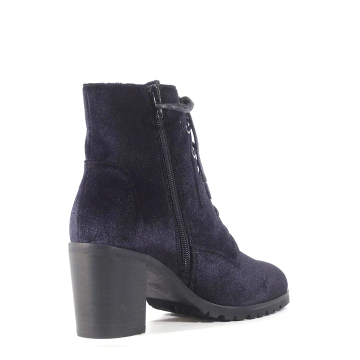 Black velvet top lace up boots