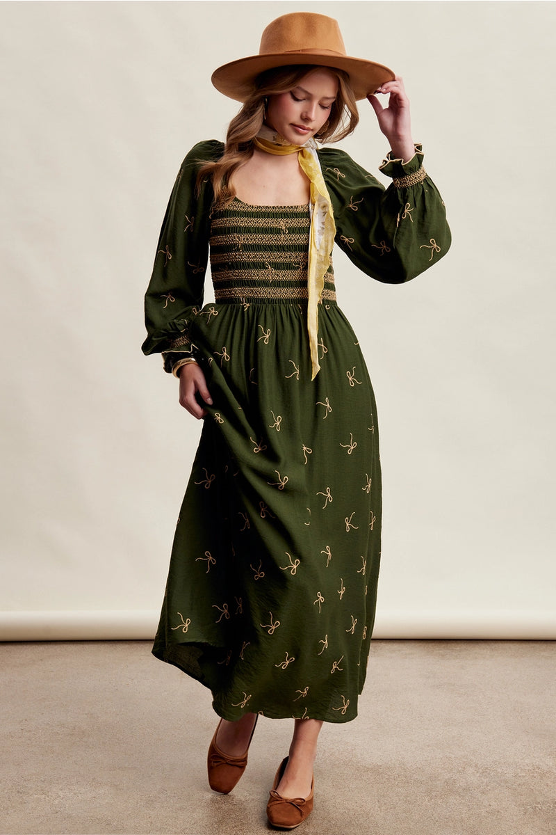 dark green embroidered dress Bow Smocked Maxi – Modern Millie Color:Light Yellow(鹅蛋黄)+ Mid Blue Rustic Brown 10 Drawer member:49770319904936:3713 Padded cups Midi dress