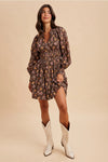Zip Front Floral Mini Dress in Mocha