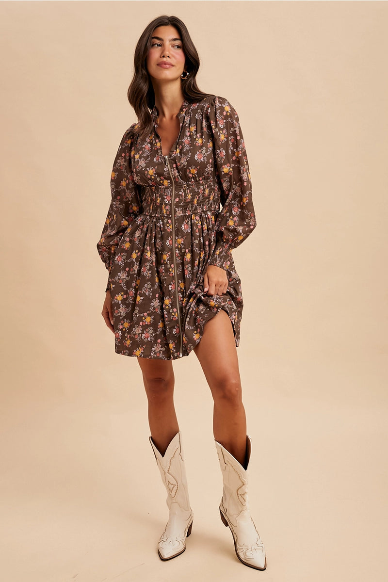 Zip Front Floral Mini Dress in Mocha