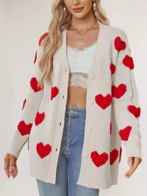 Button Front Ivory and Red Heart Open Cardigan