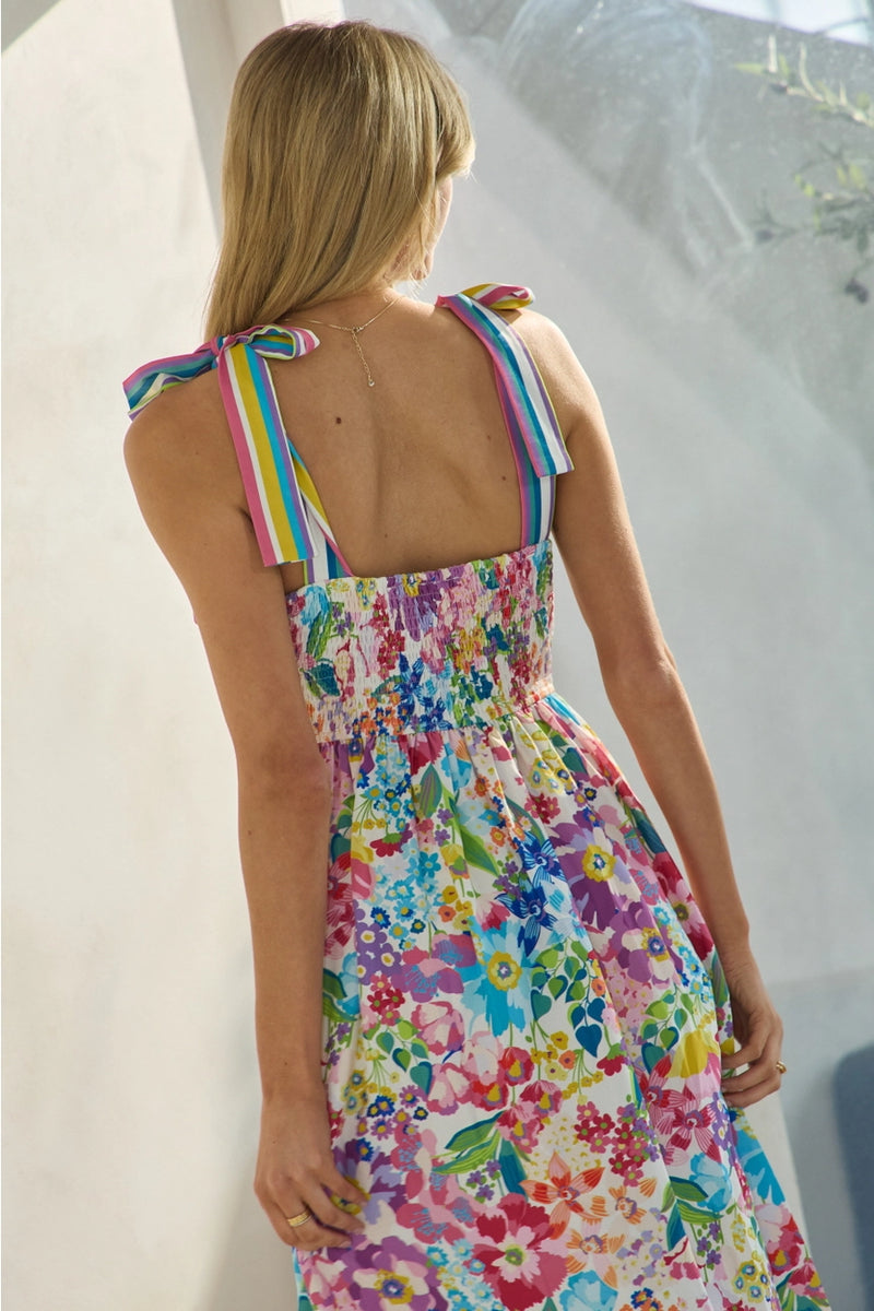 Rainbow Floral Tie-Shoulder Midi Dress