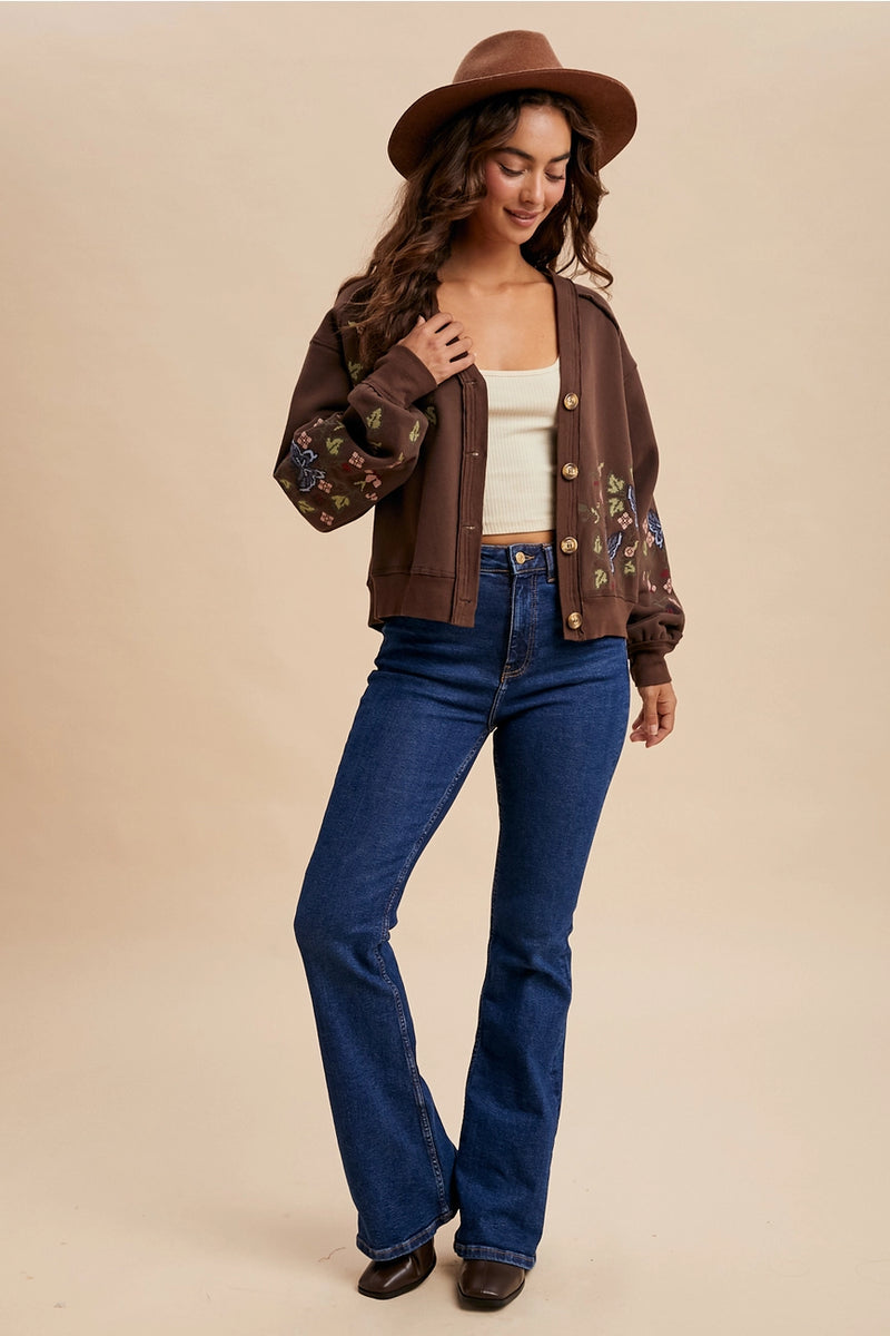 Brown Embroidered Cardigan Sweatshirt