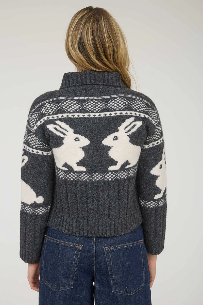 Charcoal Bunny Jacquard Button Down Cardigan Sweater