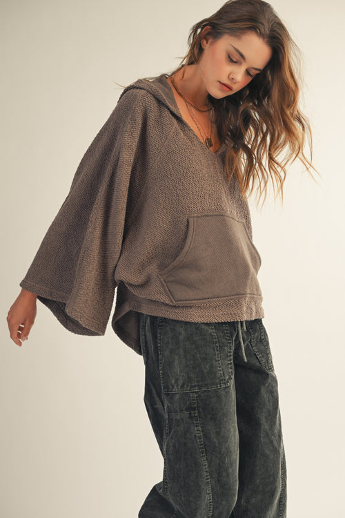 Brown Vintage Washed V-Neck Hoodie Sweatshirt