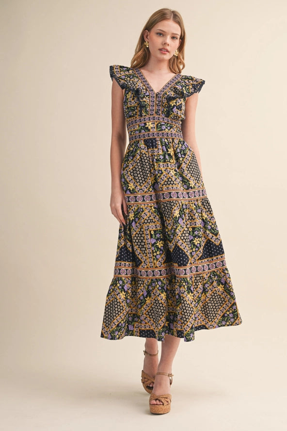 Navy Patchwork Flutter Sleeve Midi Dress Small Navy Patchwork Flutter Sleeve Midi Dress Small