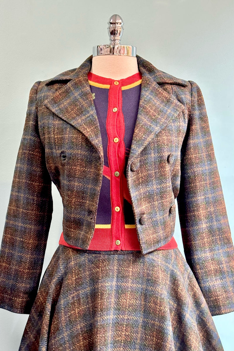 Brown and Navy Plaid Cropped Wool Jacket by Timeless London