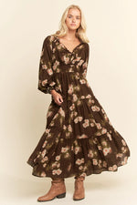 Brown Floral Long Sleeve Midi Dress