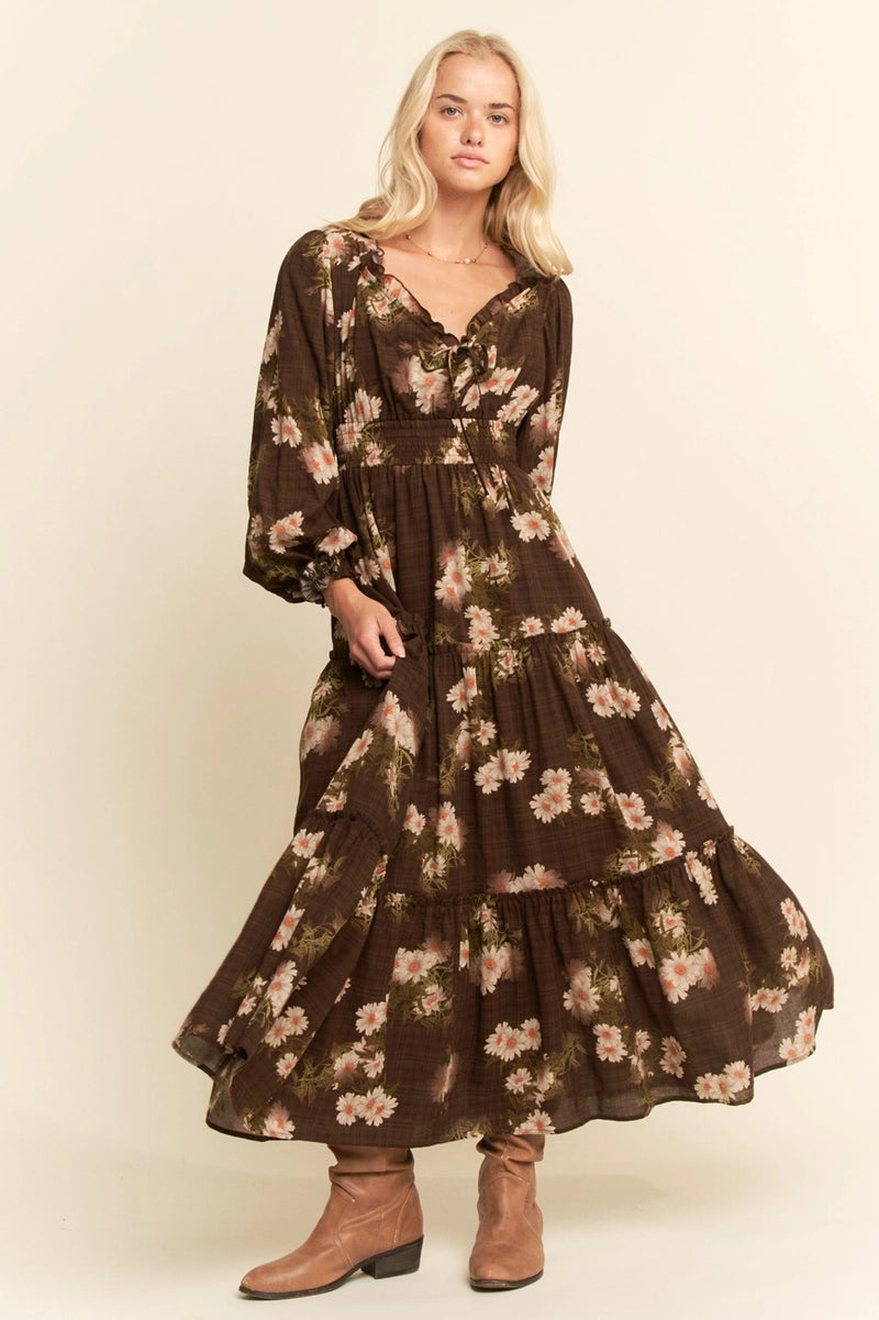 Brown Floral Long Sleeve Midi Dress