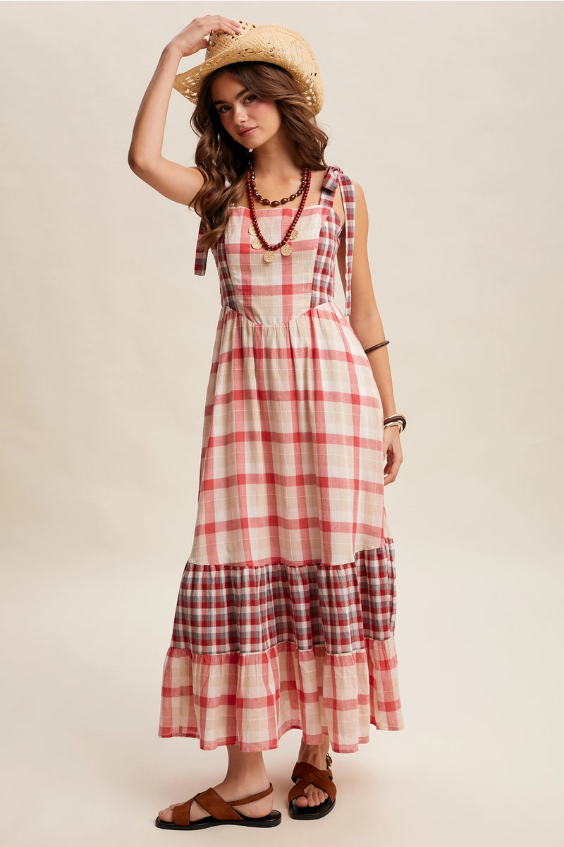 red plaid maxi dress Red Plaid Lace Detail Smocked Maxi Dress Small
