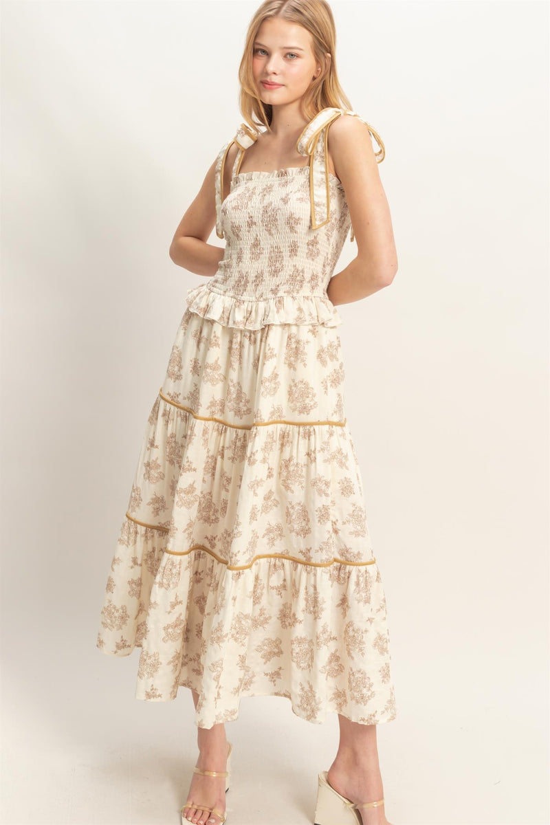 Beige Toile Tie-Shoulder Smocked Midi Dress Small