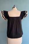 Black Flutter Sleeve Top with Ric-Rac Trim