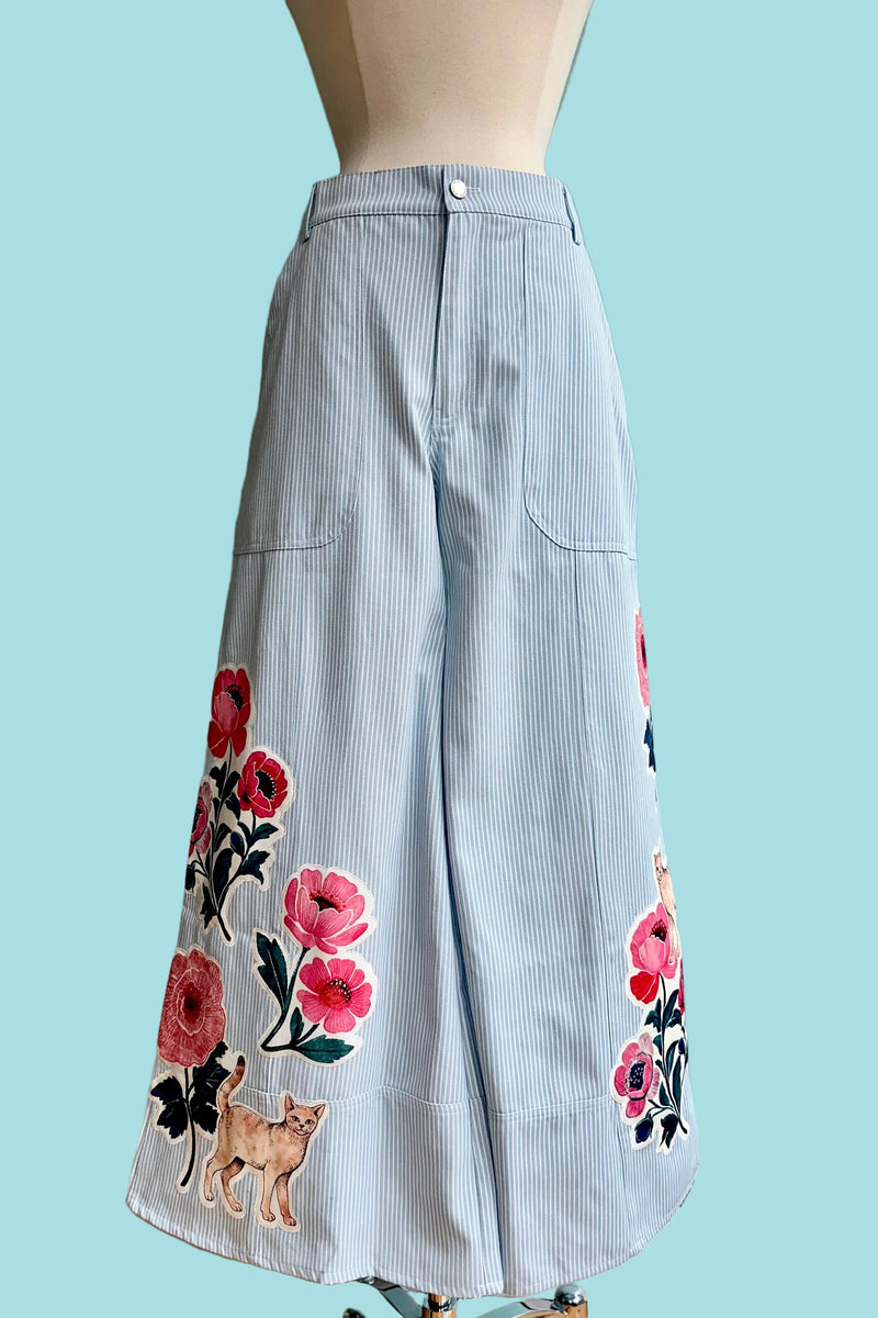 Floral and Cat Applique Blue Pinstripe Pants – Modern Millie