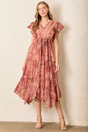 Pink Floral Ruffle Sleeve Midi Dress