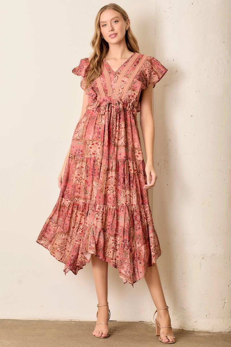 Pink Floral Ruffle Sleeve Midi Dress Small Pink Floral Ruffle Sleeve Midi Dress Small