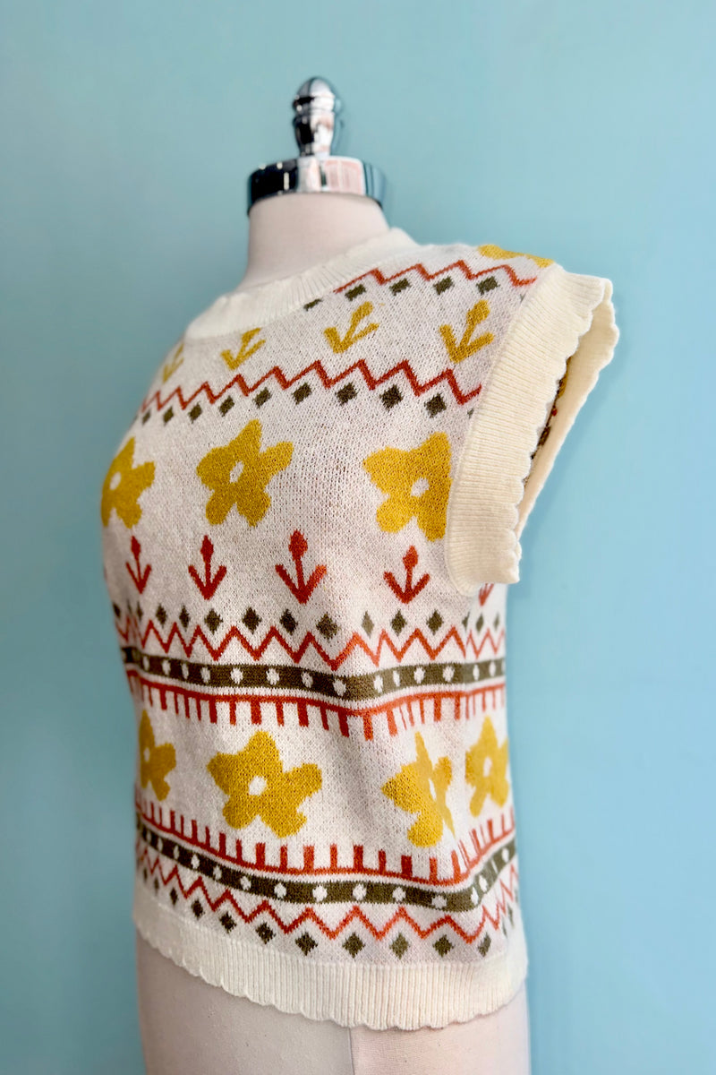 Ivory and Mustard Floral Sweater Vest