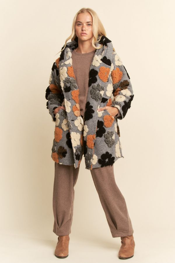 Grey Hoodie Jacket with Fluffy Flowers