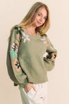 Floral Embroidered Pullover Sweater in Olive
