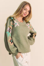 Floral Embroidered Pullover Sweater in Olive