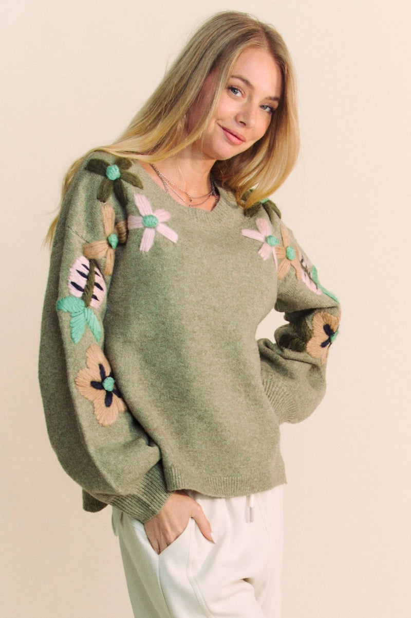Floral Embroidered Pullover Sweater in Olive