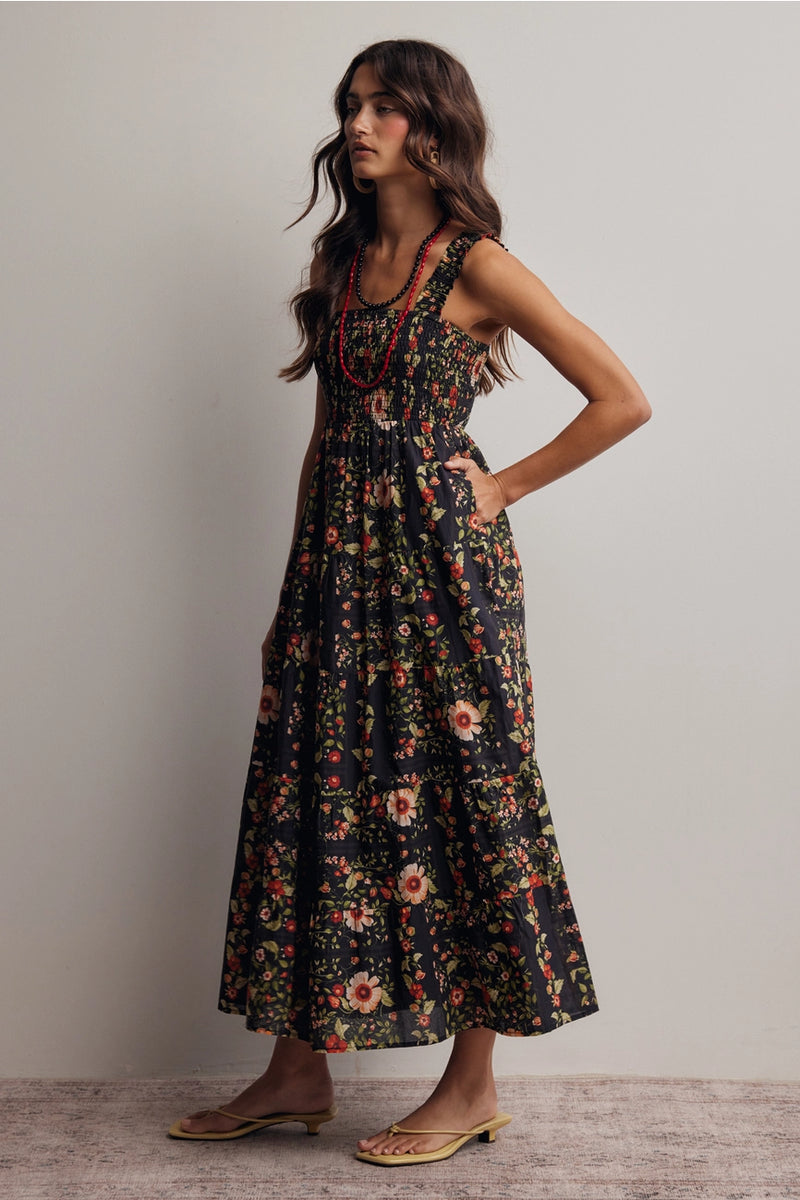 black floral smocked midi dress Baltic Born Womens Mattea Smocked Midi Dress | Black Floral