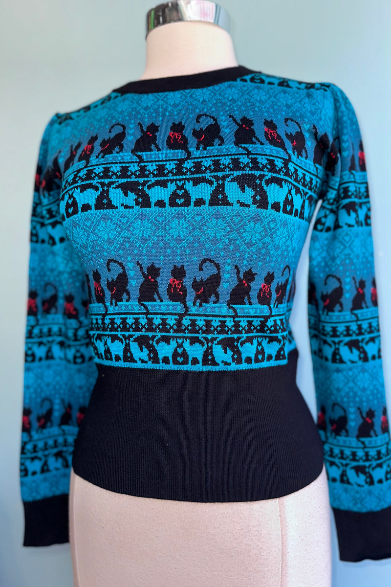 Teal Black Cats and Snowflakes Sweater