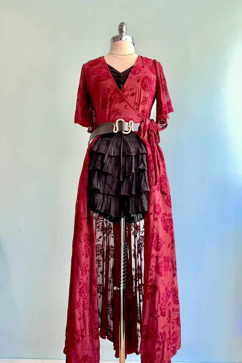 Lydia Wrap Dress in Burgundy Flocked Rose Mesh by Wax Poetic 3X-Large Lydia Wrap Dress in Burgundy Flocked Rose Mesh by Wax Poetic 3X-Large