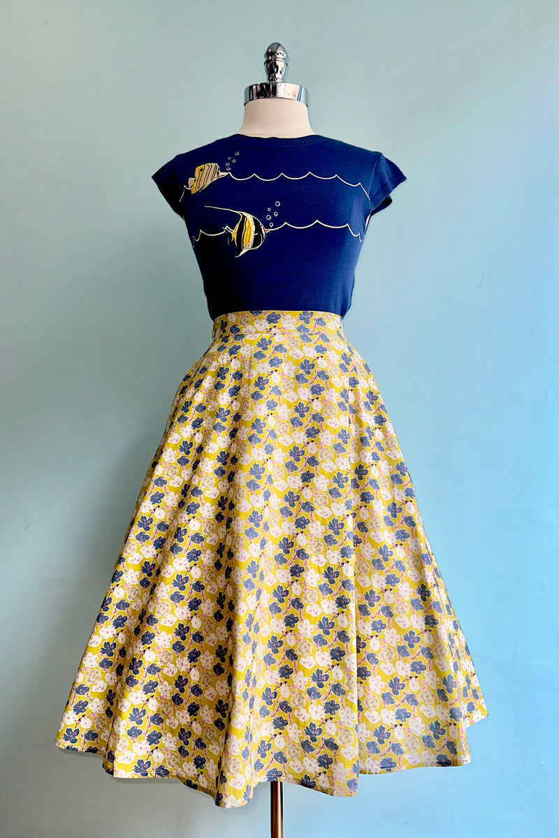 Yellow and Navy Floral Full Skirt by Tulip B.