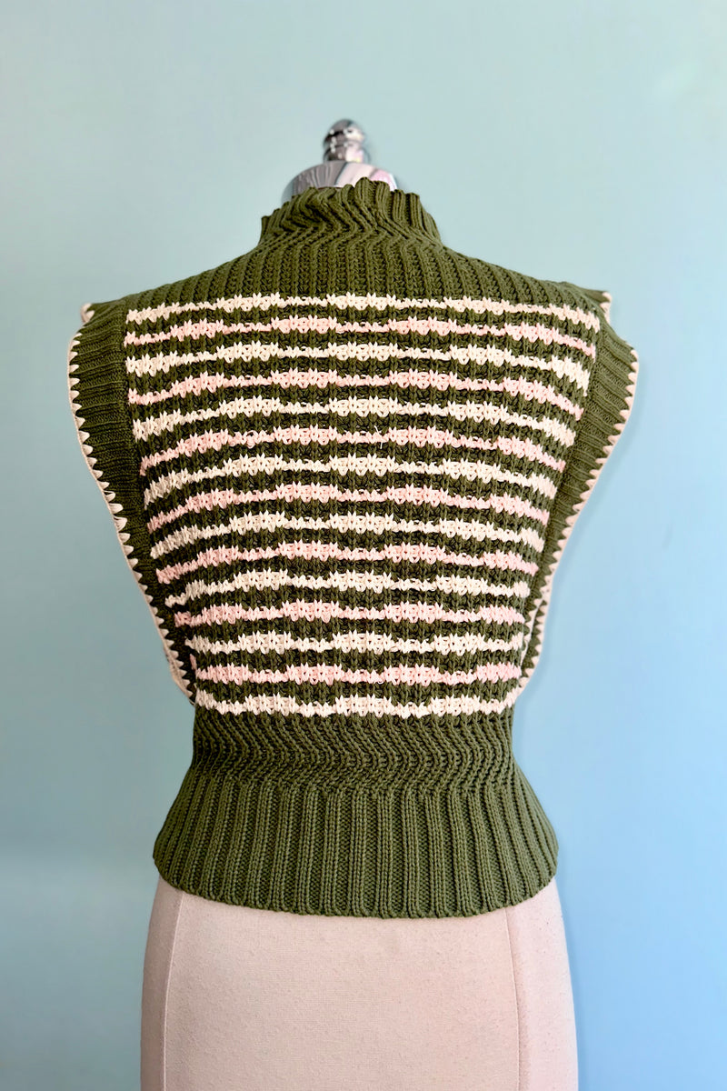 Green and Pink Contrast Stitch Sweater Vest