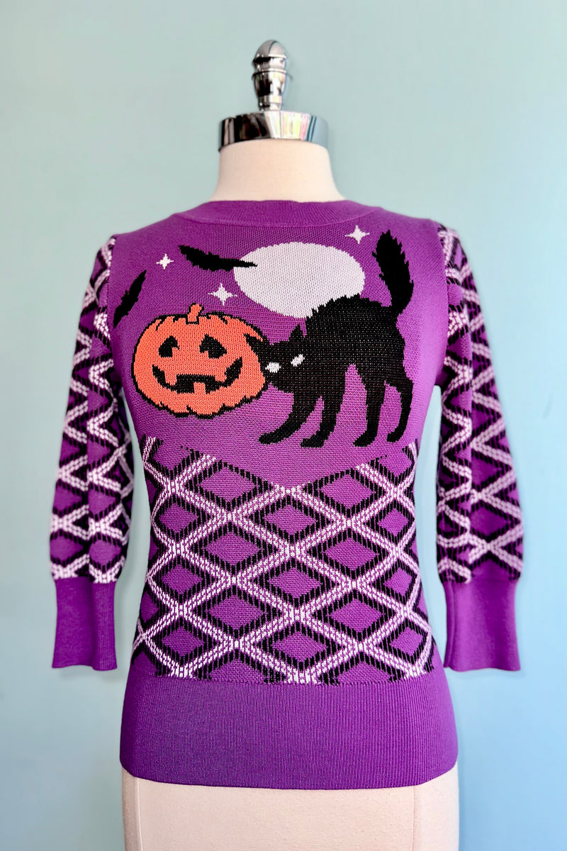 Purple Plaid and Black Cat Pullover Sweater