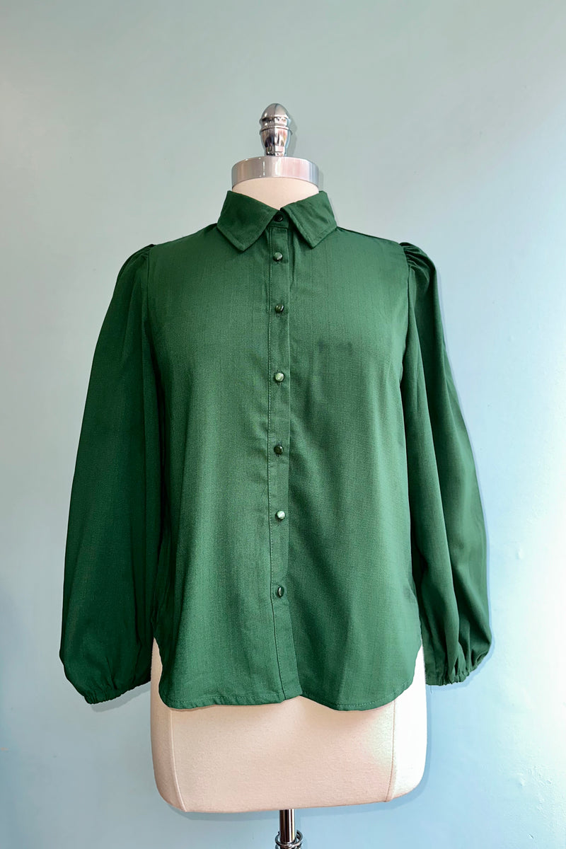 Lantern Sleeve Button Down Blouse in Emerald
