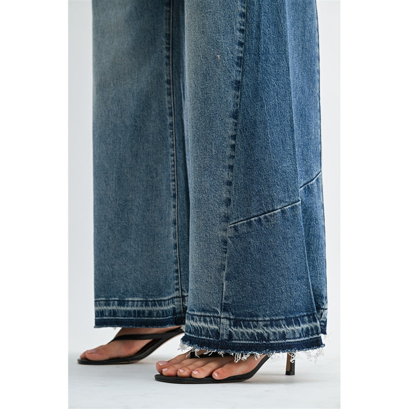 High Rise Tummy Tuck Wide Leg Contrast Panel Jeans by Mica Denim