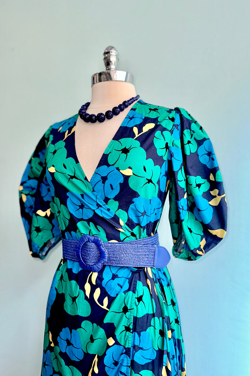 Emerald and Navy Balloon Sleeve Wrap Dress