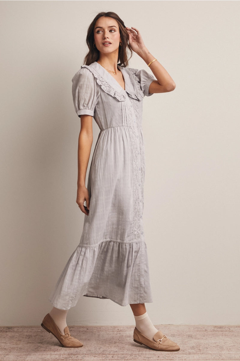 ruffle collar midi dress Misty Blue Ruffled Collar Midi Dress Medium