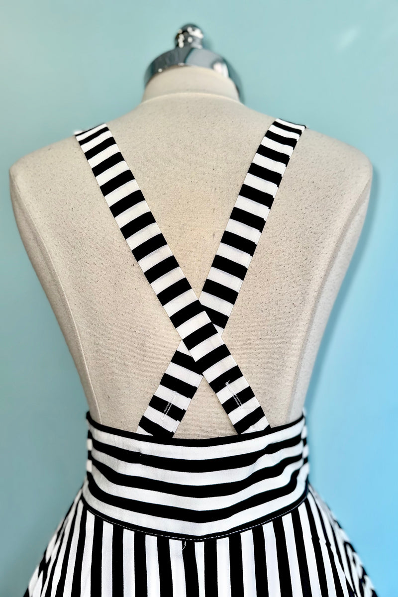 Black and White Striped Suspender Flare Skirt by Voodoo Vixen