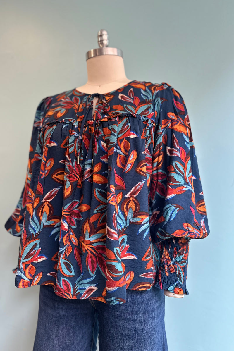 Indigo Leaf Print Long Sleeve Top