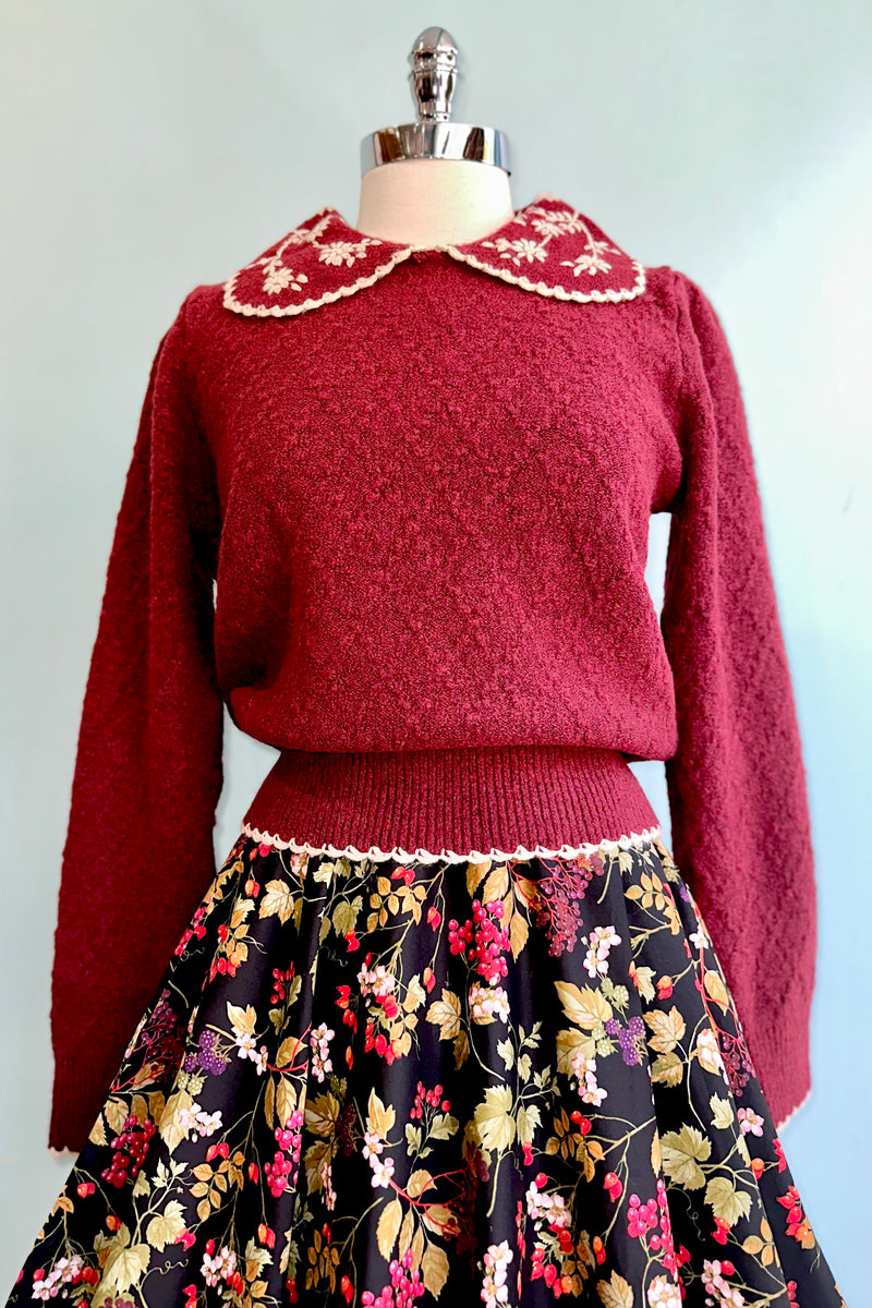 Burgundy Floral Crocheted Collar Sweater