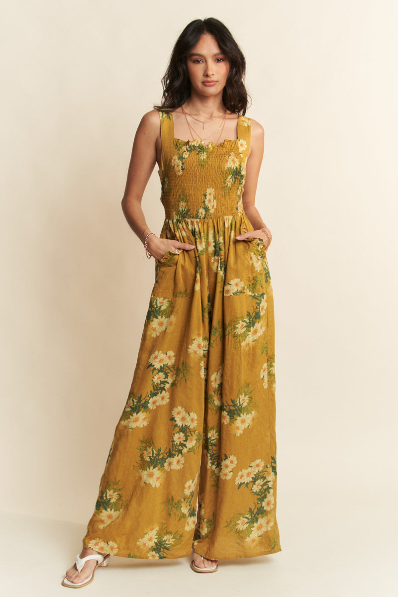 Daisy Smocked Wide Leg Jumpsuit in Yellow