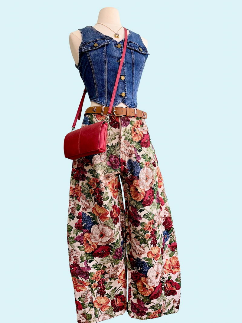 Floral Tapestry Barrel Leg Cropped Pants