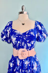 Blue Puff Sleeve Chiffon Floral Maxi Dress