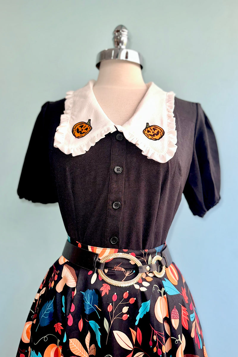 Pumpkin Embroidered Oversized Collar Blouse