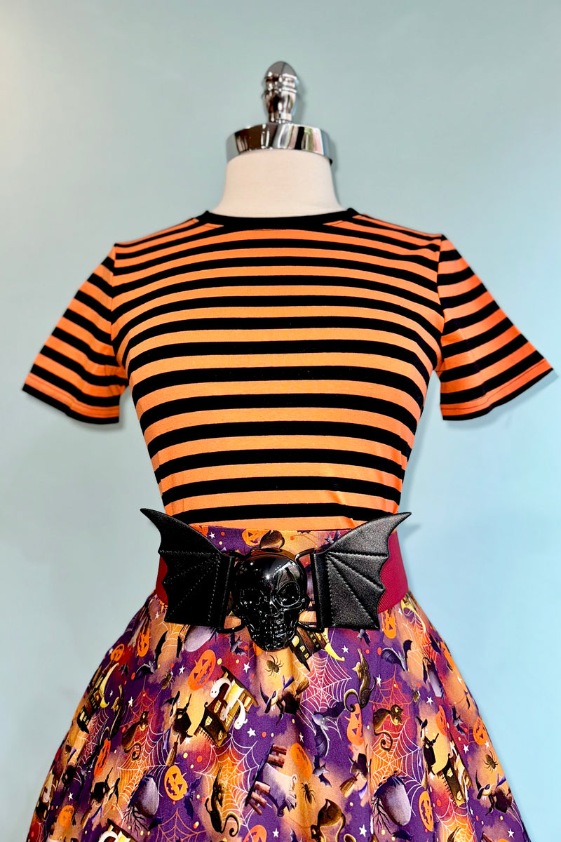 Black and Orange Striped Short Sleeve T-Shirt Top