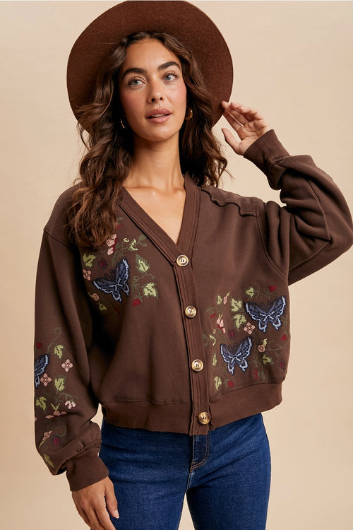 Brown Embroidered Cardigan Sweatshirt
