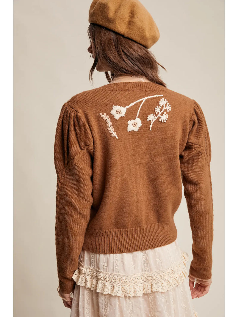 Puff Sleeve Embroidered Floral Cardigan in Tiramisu